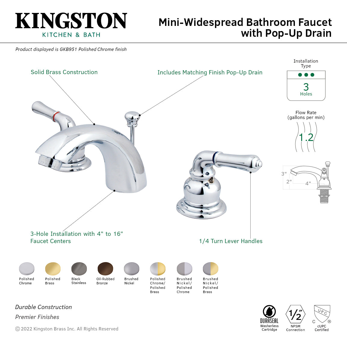 Kingston Tulare GKB954 - Magellan Two-Handle 3-Hole Deck Mount Mini-Widespread Bathroom Faucet with Pop-Up Drain, Polished Chrome/Polished Brass — thumbnail 2
